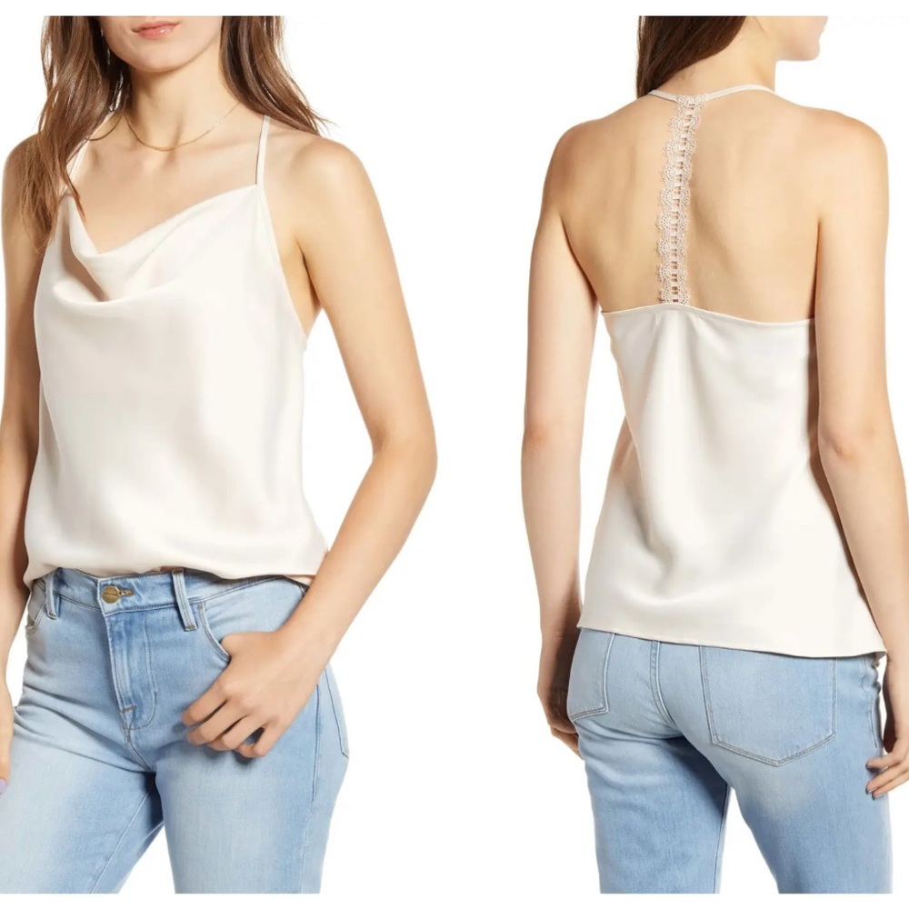 Chelsea 28 Women's Medium Beige Satin Cowl Neck Tank‎ Top Crochet Back